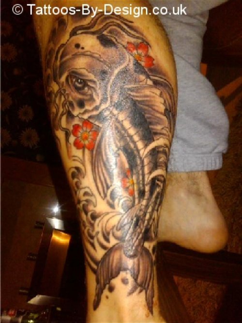 Grey Ink Carp Fish Tattoo On Left Leg